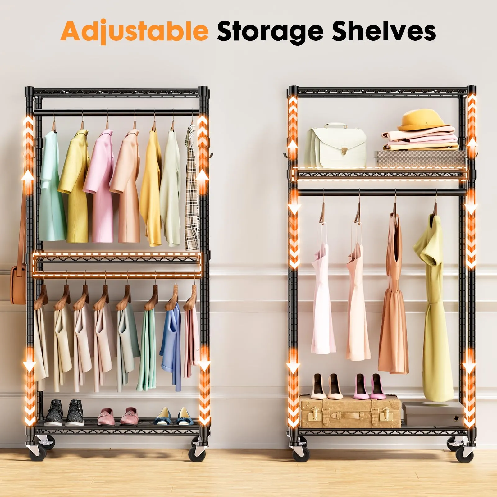 Sweetcrispy Medium Rolling Clothes Rack, Heavy Duty Garment Racks 3 Tiers Portable Adjustable Wire Shelves with Wheels, Hanging Rods, Hooks Freestanding Clothing Wardrobe Closet (15.7"Lx29.5"Wx75.5"H)
