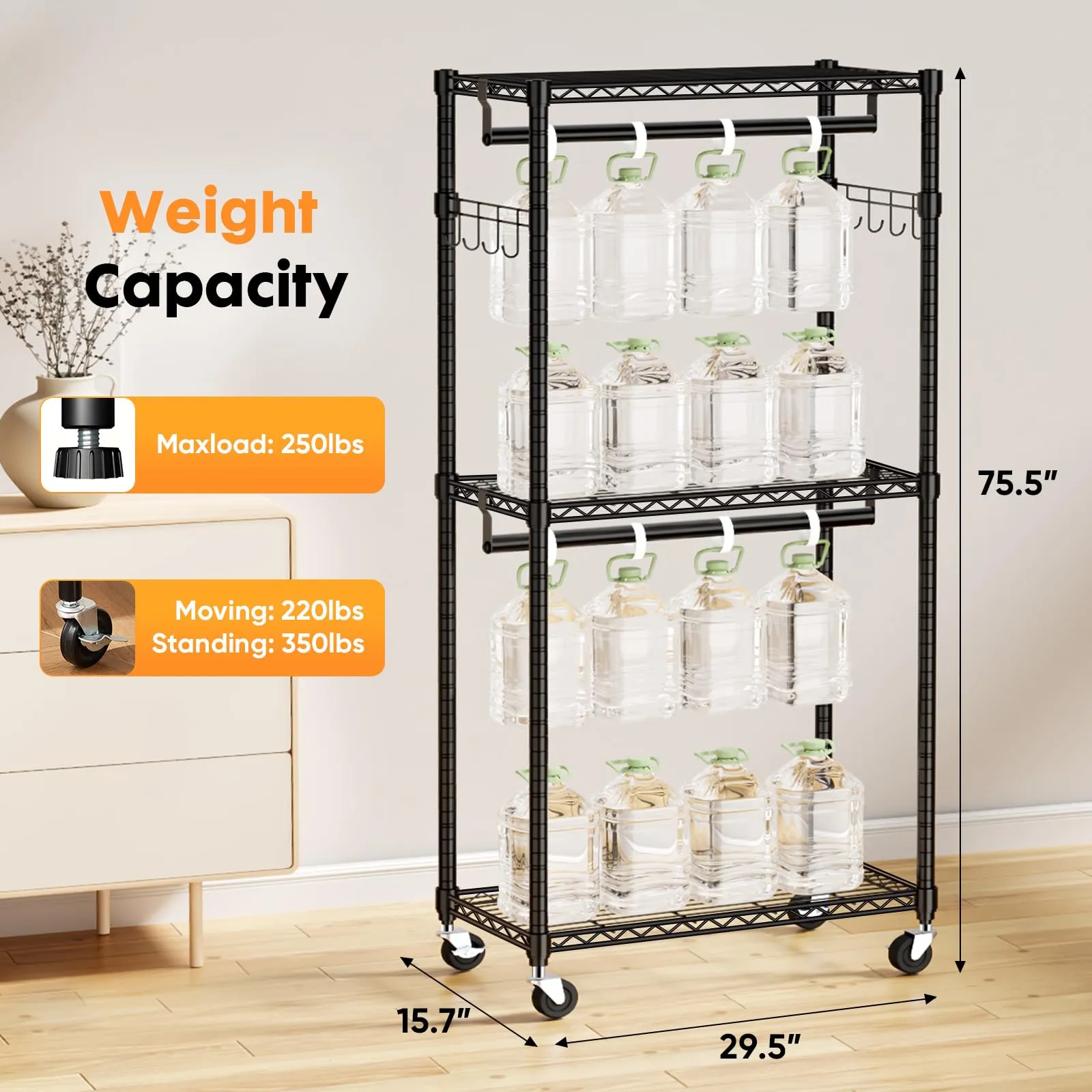 Sweetcrispy Medium Rolling Clothes Rack, Heavy Duty Garment Racks 3 Tiers Portable Adjustable Wire Shelves with Wheels, Hanging Rods, Hooks Freestanding Clothing Wardrobe Closet (15.7"Lx29.5"Wx75.5"H)