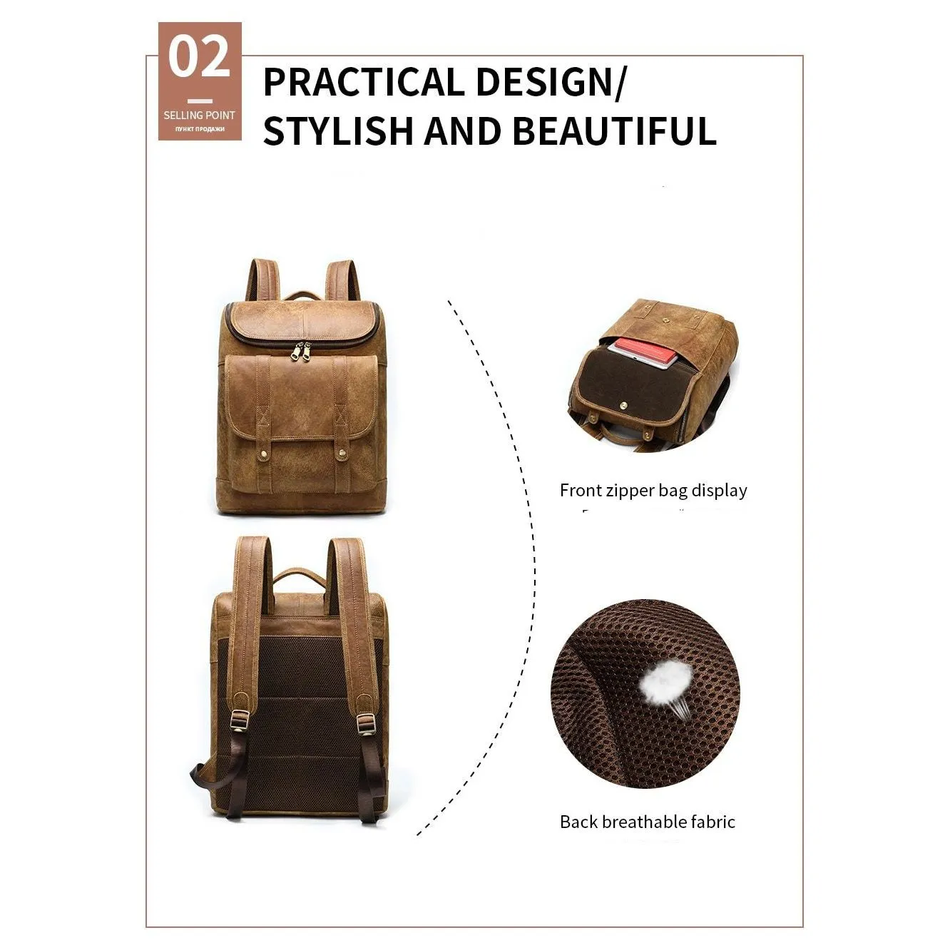 Vintage Exotic Leather Zipper Softback Fashion Backpack